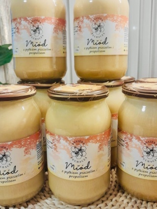 Miód wielokwiatowy z pyłkiem pszczelim i propolisem w słoiku 1100g