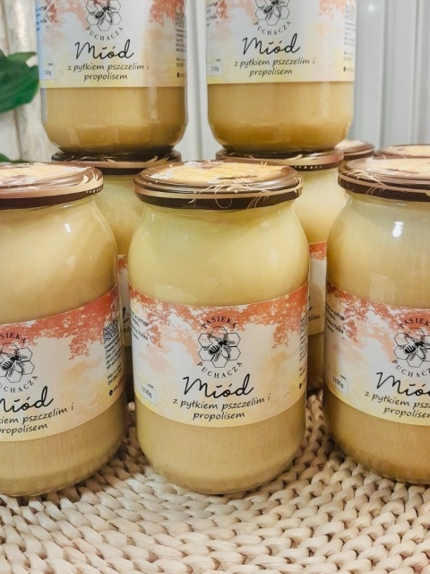 Miód wielokwiatowy z pyłkiem pszczelim i propolisem w słoiku 1100g