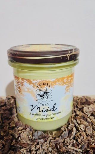 Miód wielokwiatowy z pyłkiem pszczelim i propolisem w słoiku 420g