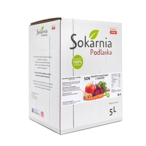 Sok 100% WARZYWNY KWARTET z jabłkiem: Jabłko, Jarmuż, Burak, Marchew, Pietruszka 5L Sok 100% WARZYWNY KWARTET z jabłkiem: Jabłko, Jarmuż, Burak, Marchew, Pietruszka 5L